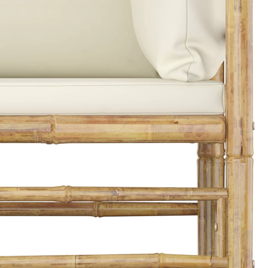 6-Delige Loungeset Met Witte Kussens Bamboe Crème hoek + 3x midden + voetensteun + Tafel