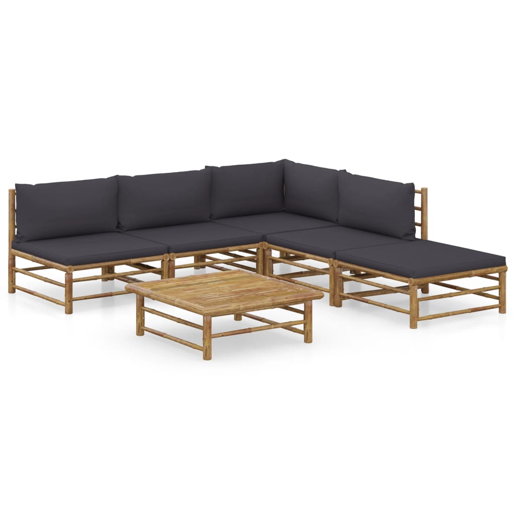 6-Delige Loungeset Met Donkergrijze Kussens Bamboe Donkergrijs hoek + 3x midden + voetensteun + Tafel