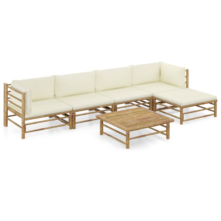 6-Delige Loungeset Met Witte Kussens Bamboe Crème 2x midden + 2x hoek + voetensteun + Tafel