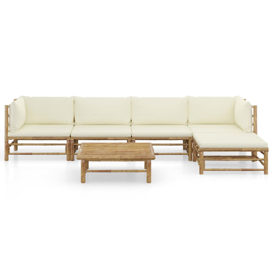 6-Delige Loungeset Met Witte Kussens Bamboe Crème 2x midden + 2x hoek + voetensteun + Tafel