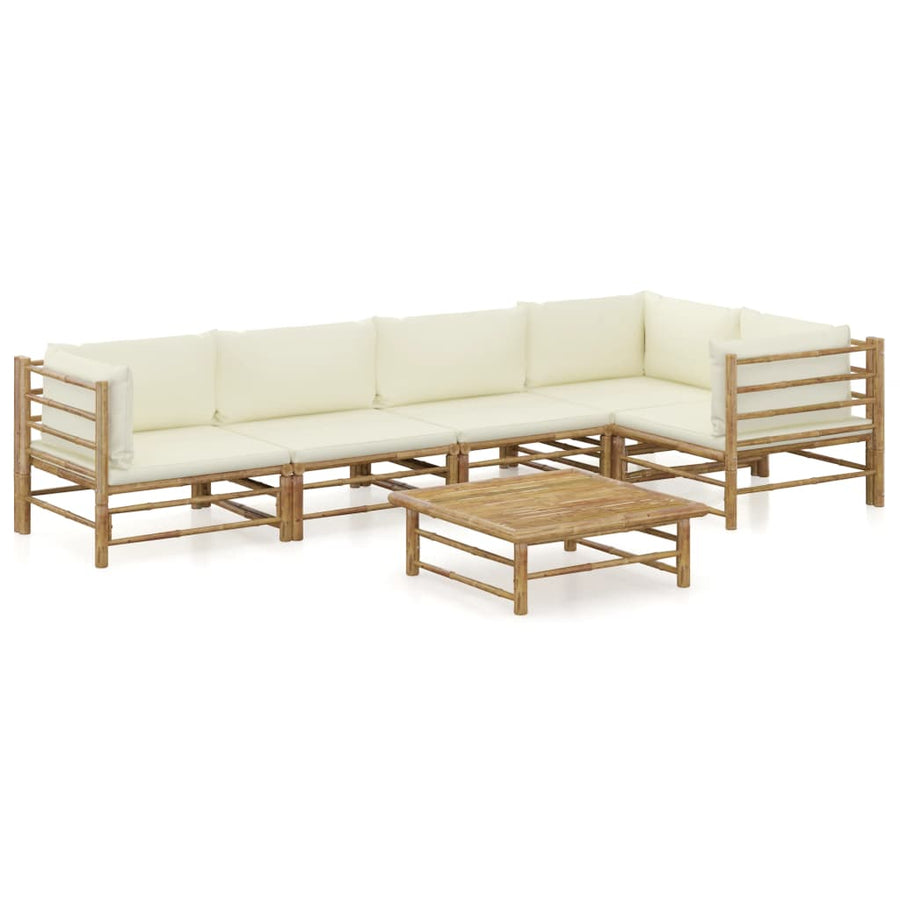 6-Delige Loungeset Met Witte Kussens Bamboe Crème 2x midden + 3x hoek + Tafel