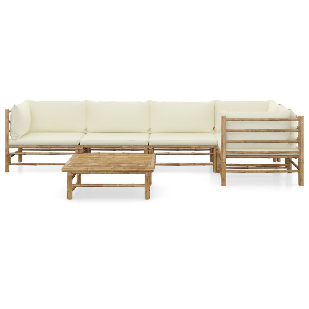 6-Delige Loungeset Met Witte Kussens Bamboe Crème 2x midden + 3x hoek + Tafel