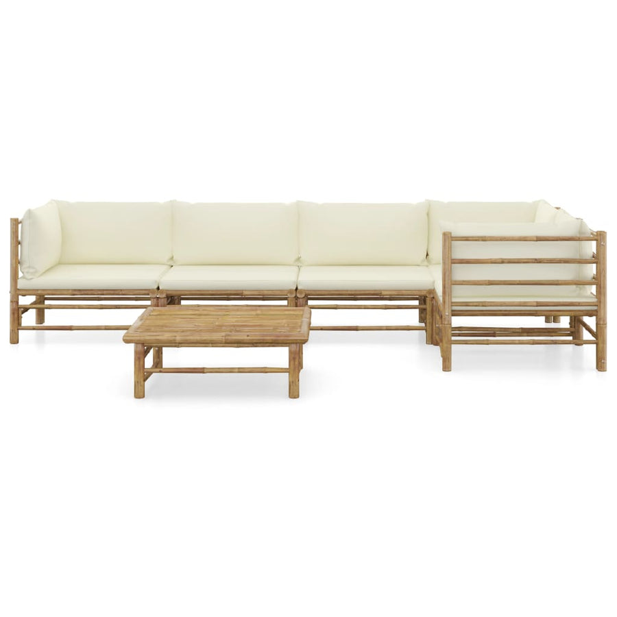 6-Delige Loungeset Met Witte Kussens Bamboe Crème 2x midden + 3x hoek + Tafel