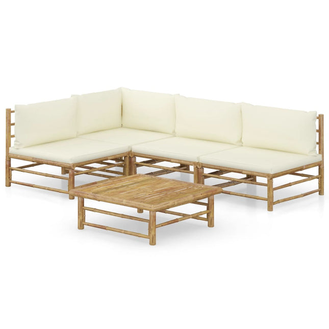 5-Delige Loungeset Met Witte Kussens Bamboe Crème hoek + 3x midden + Tafel