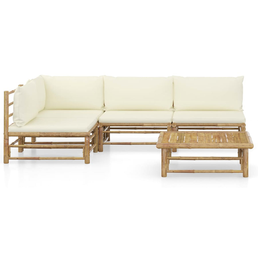 5-Delige Loungeset Met Witte Kussens Bamboe Crème hoek + 3x midden + Tafel