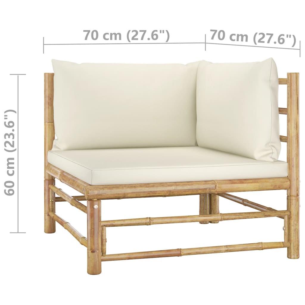5-Delige Loungeset Met Witte Kussens Bamboe Crème hoek + 3x midden + Tafel