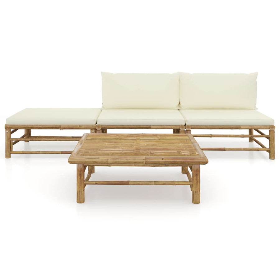 4-Delige Loungeset Met Witte Kussens Bamboe Crème 2x midden + voetensteun + Tafel
