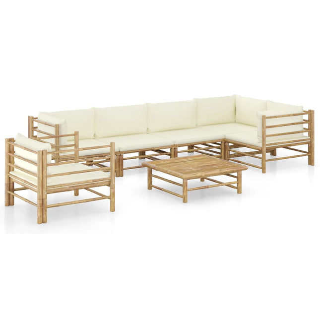 7-Delige Loungeset Met Witte Kussens Bamboe Crème 2x midden + 3x hoek + Fauteuil + Tafel