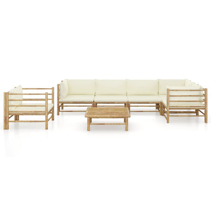 7-Delige Loungeset Met Witte Kussens Bamboe Crème 2x midden + 3x hoek + Fauteuil + Tafel