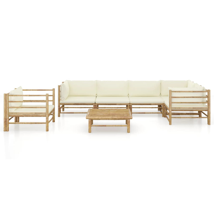 7-Delige Loungeset Met Witte Kussens Bamboe Crème 2x midden + 3x hoek + Fauteuil + Tafel