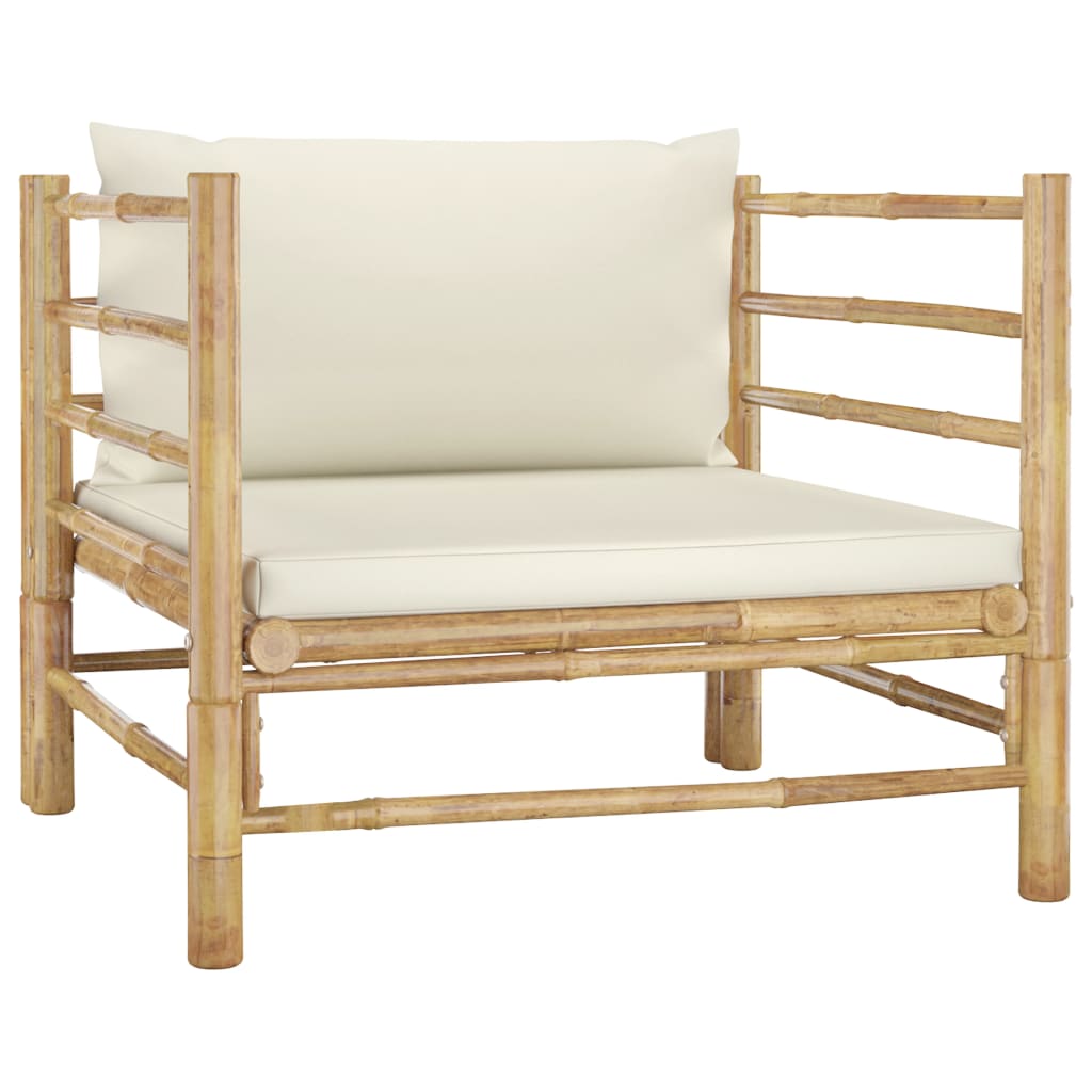 7-Delige Loungeset Met Witte Kussens Bamboe Crème 2x midden + 3x hoek + Fauteuil + Tafel