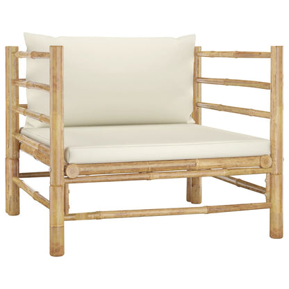 7-Delige Loungeset Met Witte Kussens Bamboe Crème 2x midden + 3x hoek + Fauteuil + Tafel