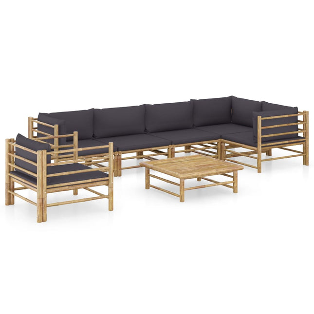 7-Delige Loungeset Met Donkergrijze Kussens Bamboe Donkergrijs 2x midden + 3x hoek + Fauteuil + Tafel