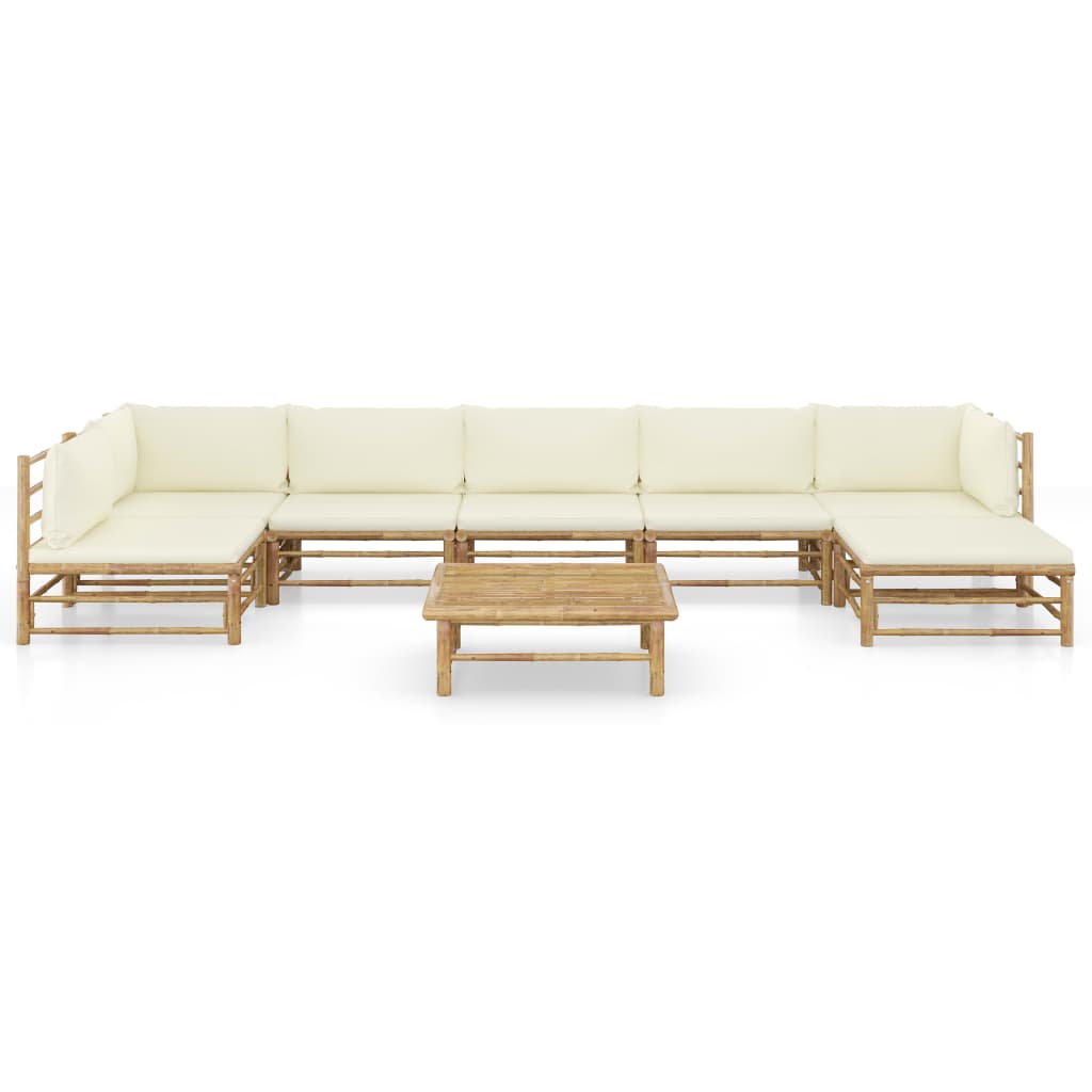 8-Delige Loungeset Met Witte Kussens Bamboe Crème 2x hoek + 4x midden + voetensteun + Tafel