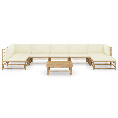 8-Delige Loungeset Met Witte Kussens Bamboe Crème 2x hoek + 4x midden + voetensteun + Tafel