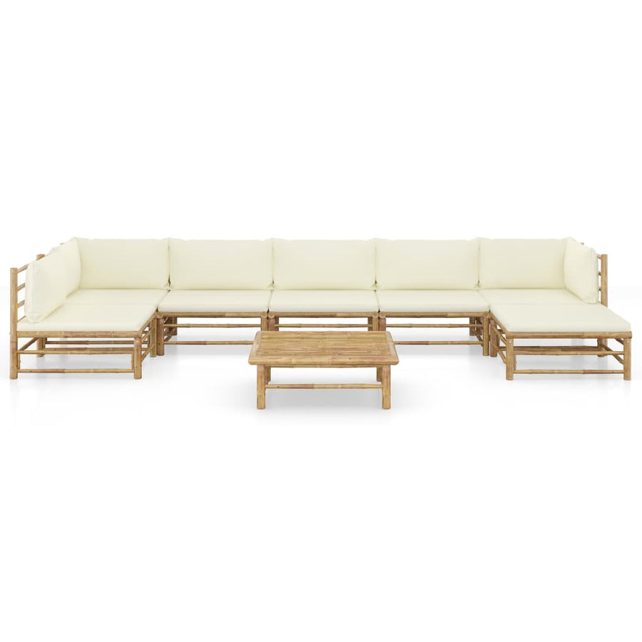 8-Delige Loungeset Met Witte Kussens Bamboe Crème 2x hoek + 4x midden + voetensteun + Tafel