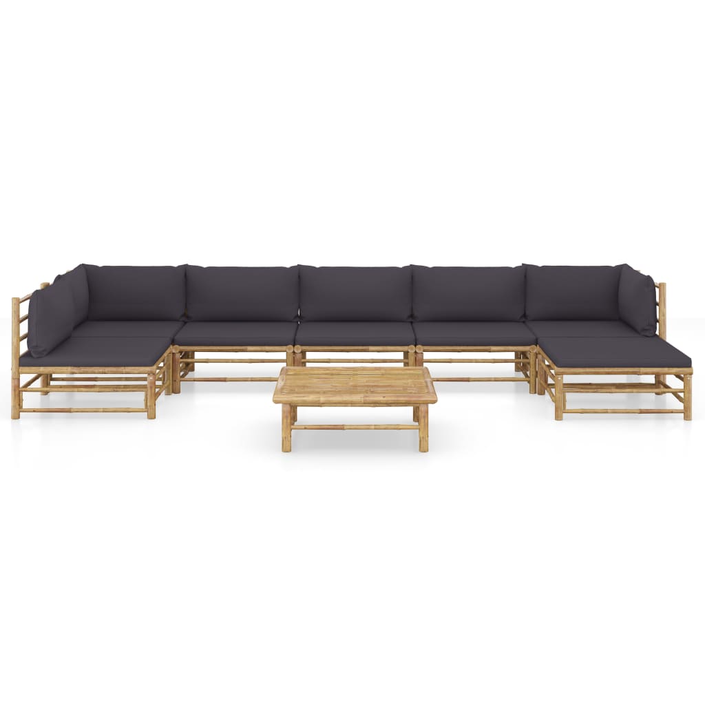 8-Delige Loungeset Met Donkergrijze Kussens Bamboe Donkergrijs 2x hoek + 4x midden + voetensteun + Tafel