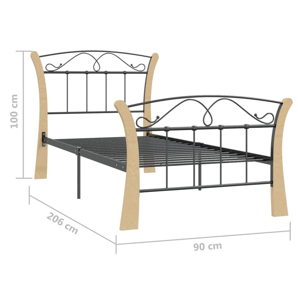 Bedframe Metaal 90 x 200 cm Zwart en lichtbruin