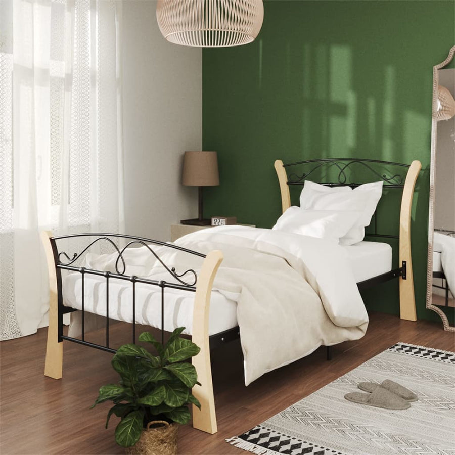 Bedframe Metaal 90 x 200 cm Zwart en lichtbruin