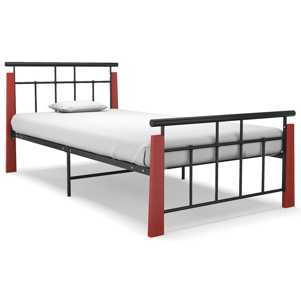 Bedframe Metaal En Massief Eikenhout 90 x 200 cm Donkerbruin