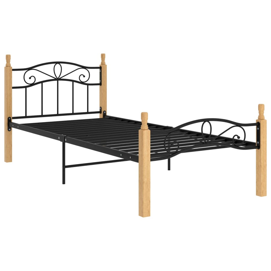 Bedframe Metaal En Massief Eikenhout Zwart 90 x 200 cm Lichtbruin