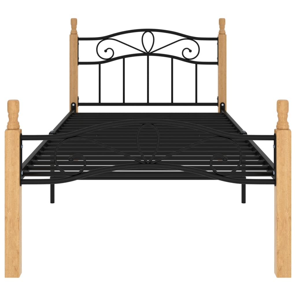 Bedframe Metaal En Massief Eikenhout Zwart 90 x 200 cm Lichtbruin