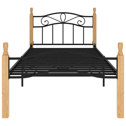 Bedframe Metaal En Massief Eikenhout Zwart 90 x 200 cm Lichtbruin