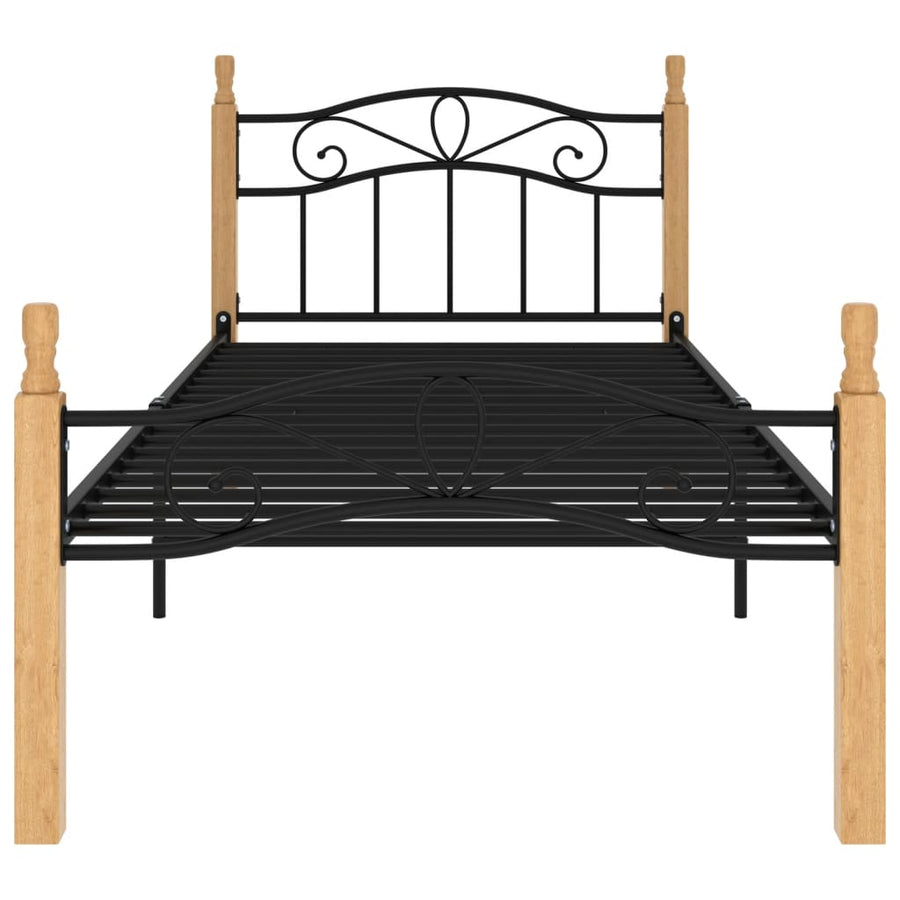 Bedframe Metaal En Massief Eikenhout Zwart 90 x 200 cm Lichtbruin