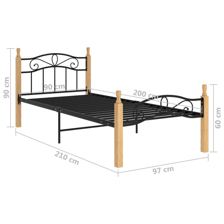 Bedframe Metaal En Massief Eikenhout Zwart 90 x 200 cm Lichtbruin