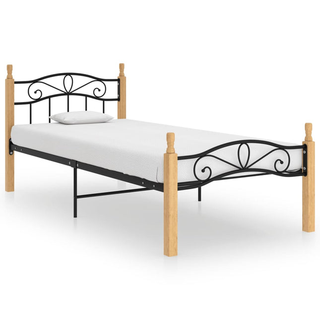 Bedframe Metaal En Massief Eikenhout Zwart 100 x 200 cm Lichtbruin