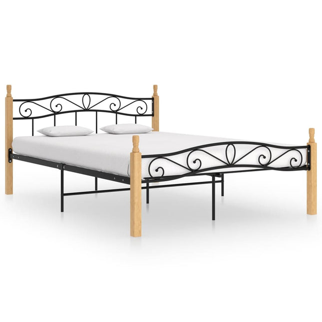 Bedframe Metaal En Massief Eikenhout Zwart 160 x 200 cm Lichtbruin