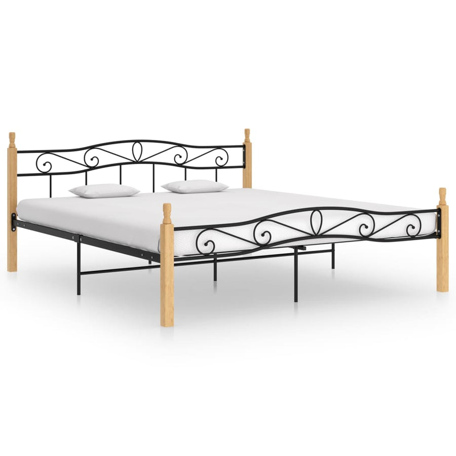 Bedframe Metaal En Massief Eikenhout Zwart 200 x 200 cm Lichtbruin