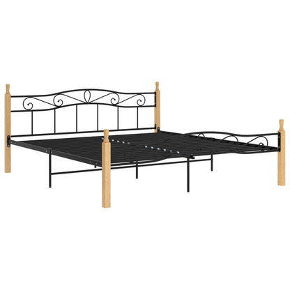 Bedframe Metaal En Massief Eikenhout Zwart 200 x 200 cm Lichtbruin