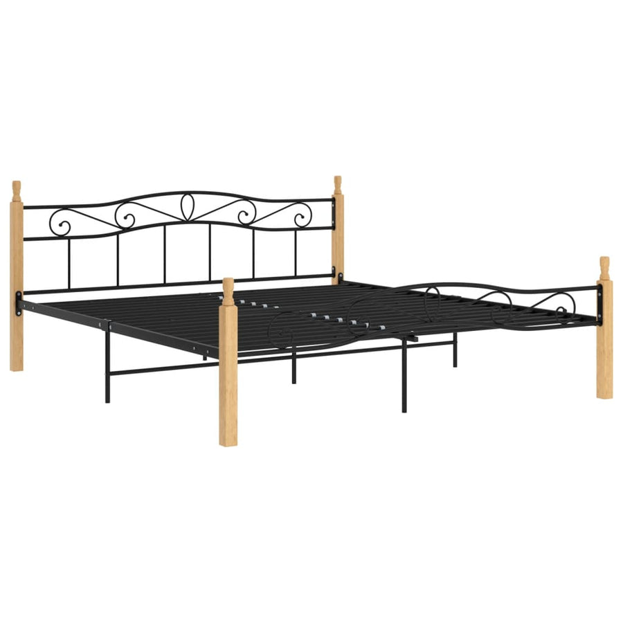 Bedframe Metaal En Massief Eikenhout Zwart 200 x 200 cm Lichtbruin