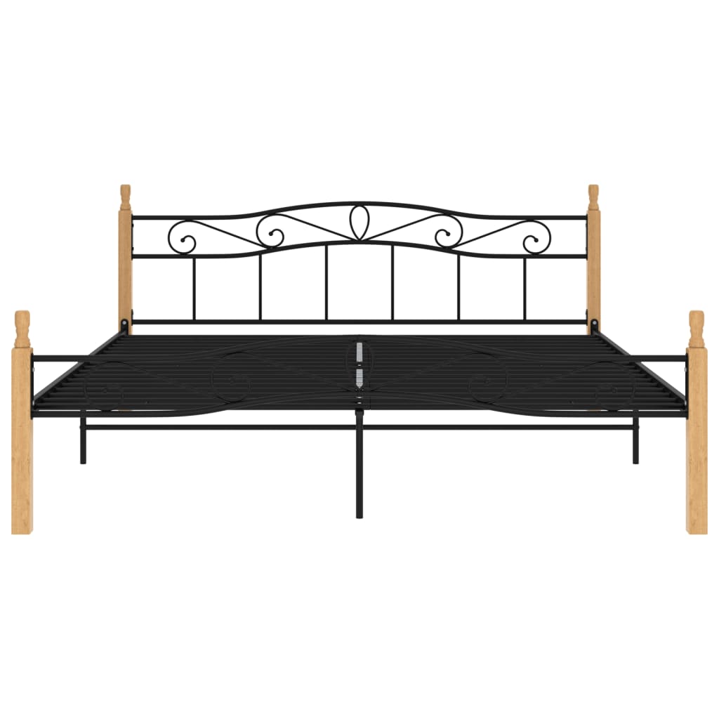 Bedframe Metaal En Massief Eikenhout Zwart 200 x 200 cm Lichtbruin