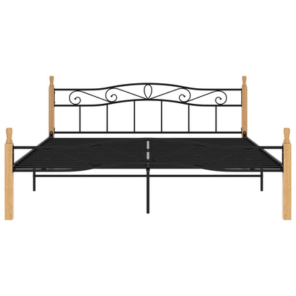 Bedframe Metaal En Massief Eikenhout Zwart 200 x 200 cm Lichtbruin