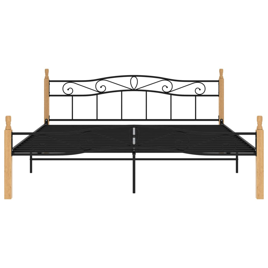 Bedframe Metaal En Massief Eikenhout Zwart 200 x 200 cm Lichtbruin