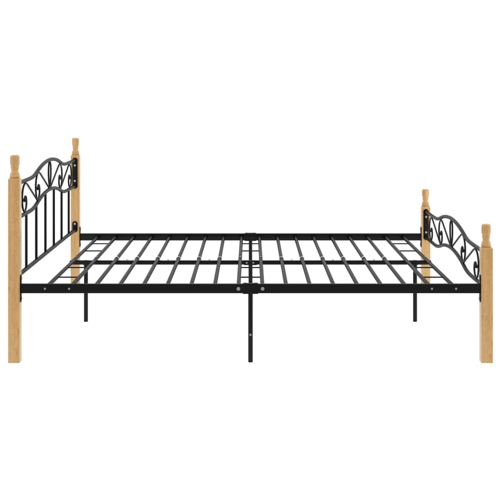 Bedframe Metaal En Massief Eikenhout Zwart 200 x 200 cm Lichtbruin
