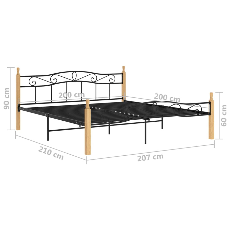 Bedframe Metaal En Massief Eikenhout Zwart 200 x 200 cm Lichtbruin