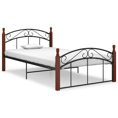 Bedframe metaal en massief eikenhout zwart 120x200 cm 120 x 200 cm Donkerbruin