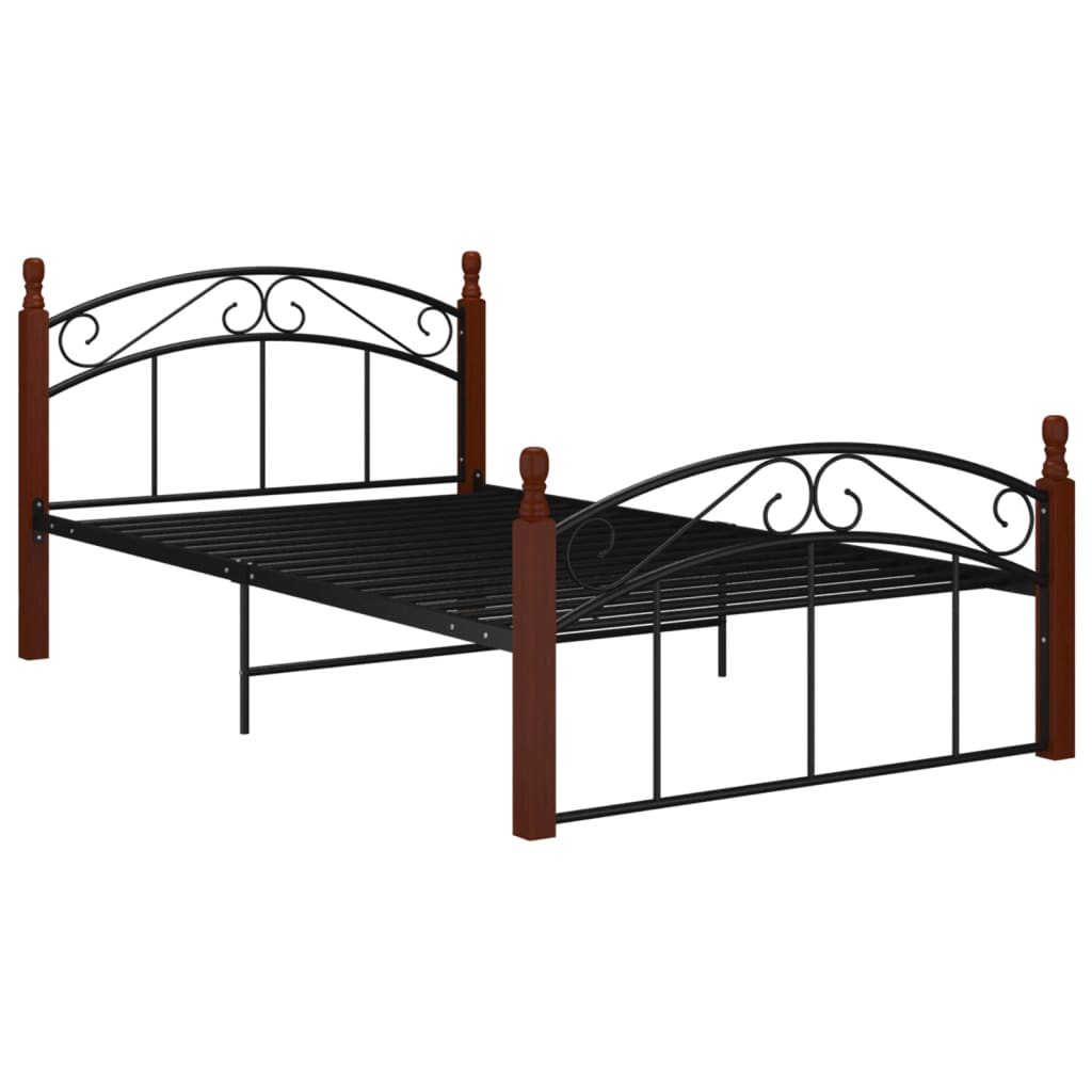 Bedframe metaal en massief eikenhout zwart 120x200 cm 120 x 200 cm Donkerbruin