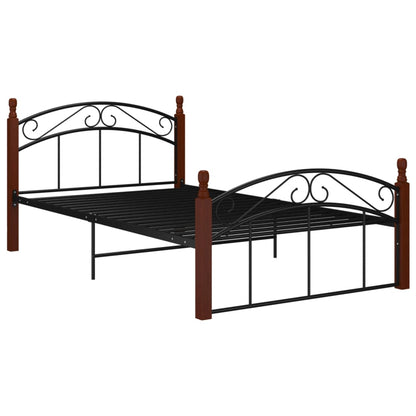 Bedframe metaal en massief eikenhout zwart 120x200 cm 120 x 200 cm Donkerbruin