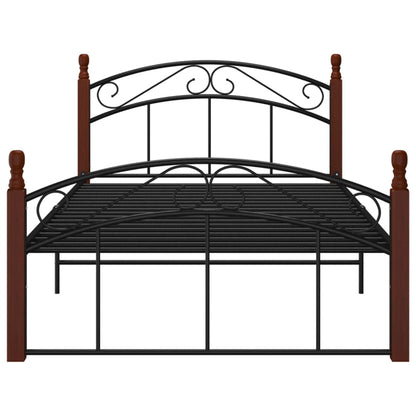 Bedframe metaal en massief eikenhout zwart 120x200 cm 120 x 200 cm Donkerbruin
