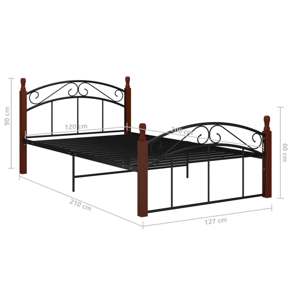 Bedframe metaal en massief eikenhout zwart 120x200 cm 120 x 200 cm Donkerbruin