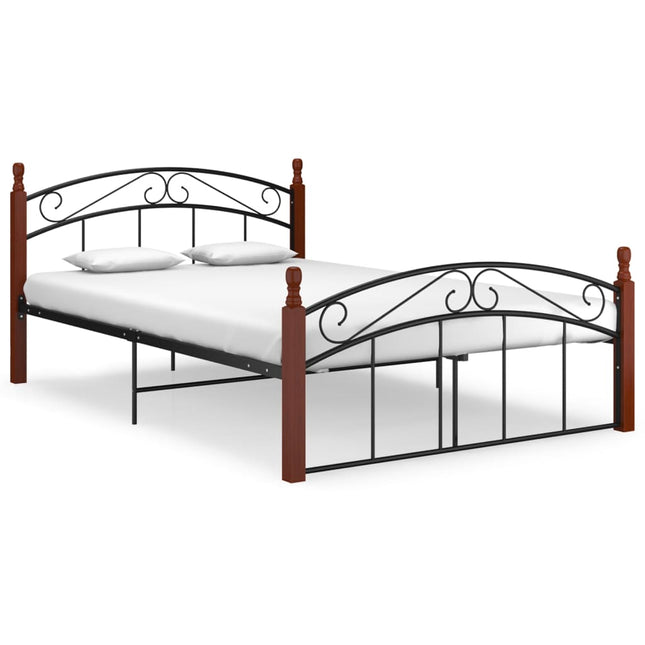 Bedframe metaal en massief eikenhout zwart 140x200 cm 140 x 200 cm Donkerbruin