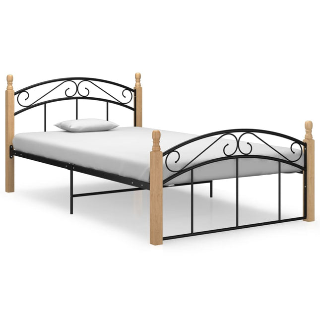 Bedframe metaal en massief eikenhout zwart 120x200 cm 120 x 200 cm Lichtbruin