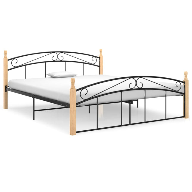 Bedframe metaal en massief eikenhout zwart 160x200 cm 160 x 200 cm Lichtbruin