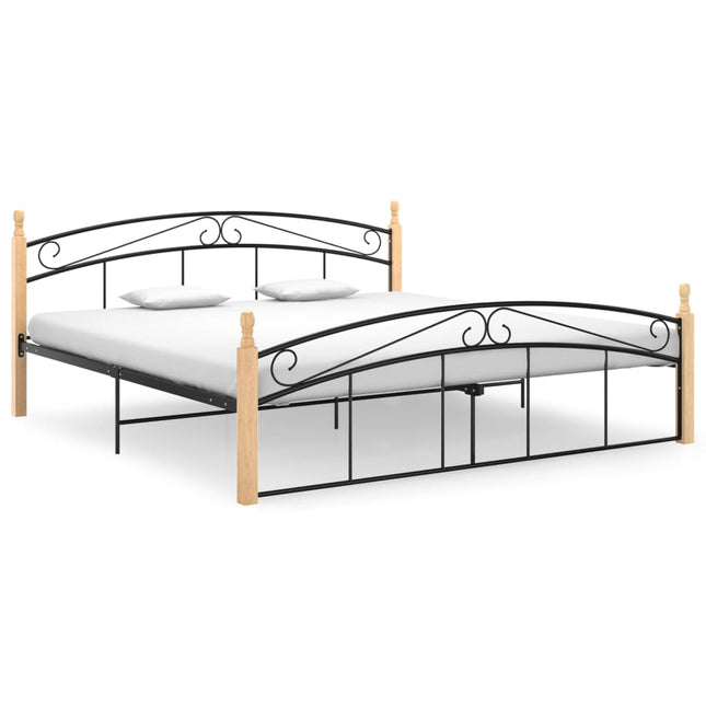 Bedframe metaal en massief eikenhout zwart 180x200 cm 180 x 200 cm Lichtbruin