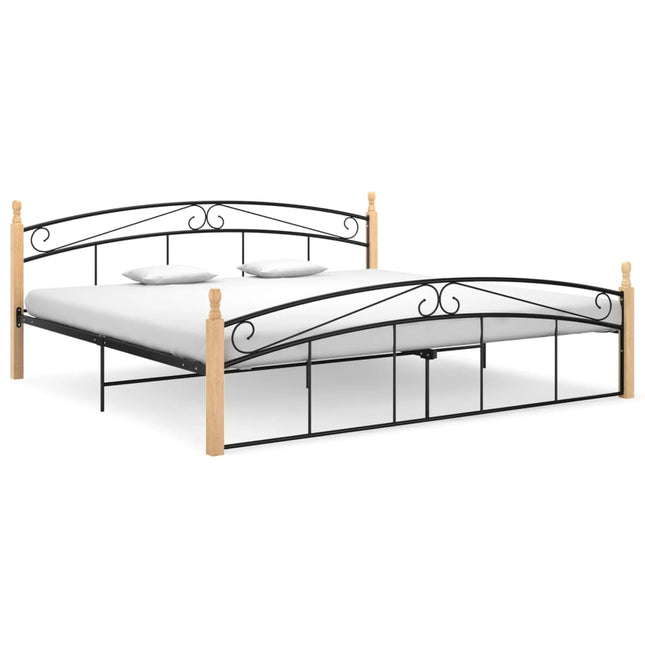 Bedframe metaal en massief eikenhout zwart 200x200 cm 200 x 200 cm Lichtbruin