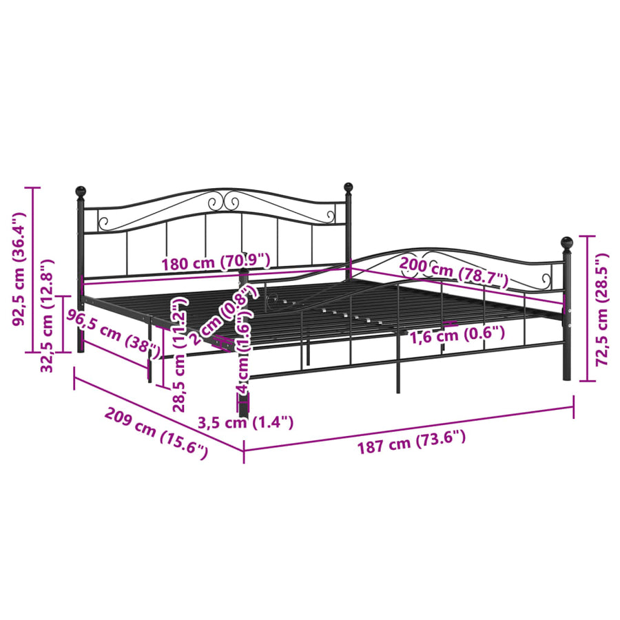 Bedframe Metaal 180 x 200 cm Zwart